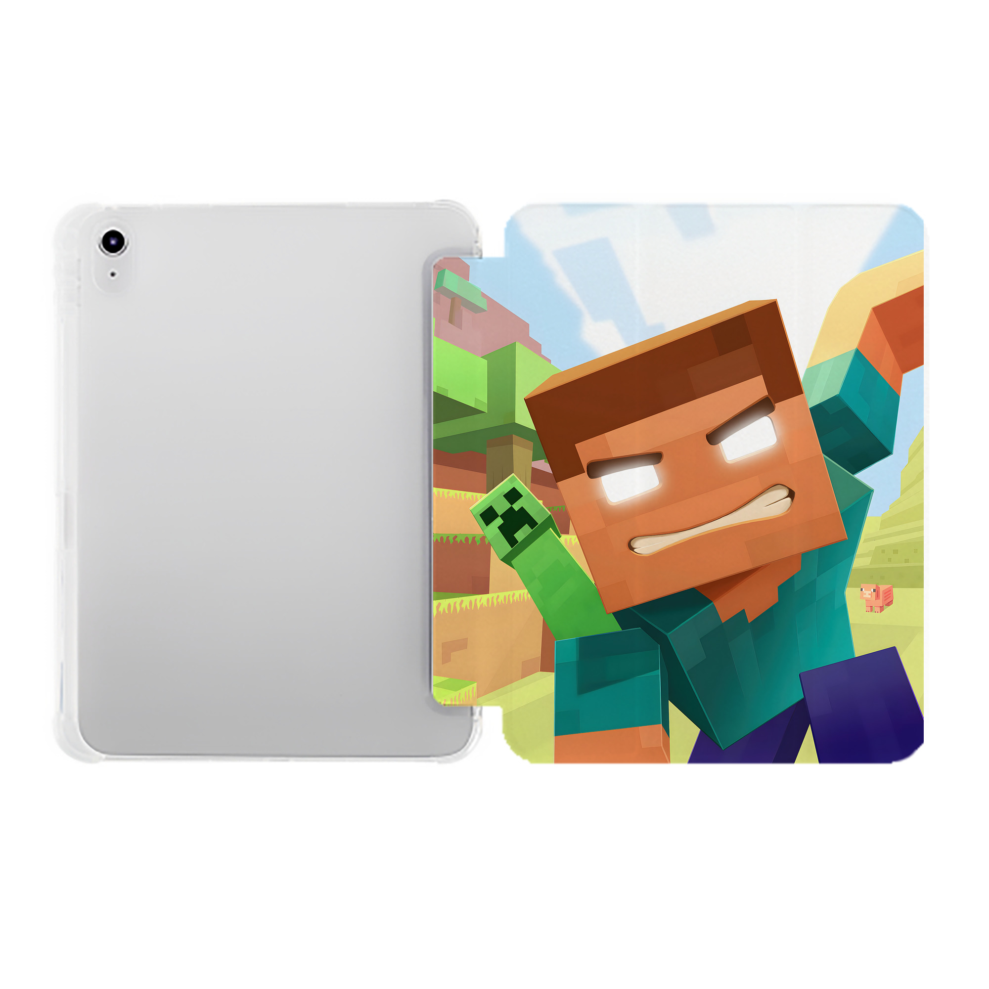 （画像用） マインクラフト ブロックの世界 Minecraft MC Block world IPad ケース ペン収納付き 三つ折りスタンド PUレザー×シリコン 対応機種9.5/10.5/10.9インチ